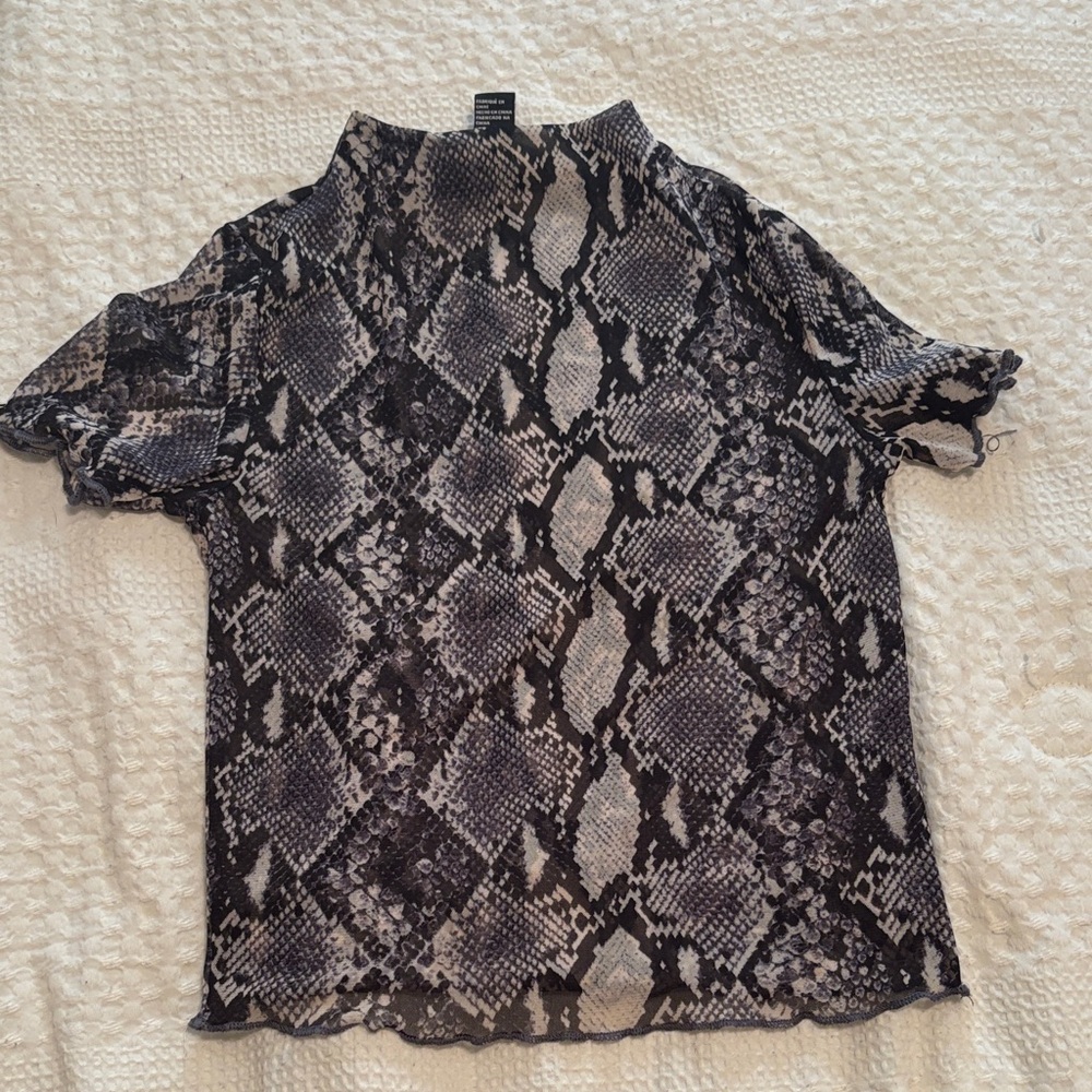 Forever 21 Sheer Snake-Print Mock Neck Top - Black & Gray